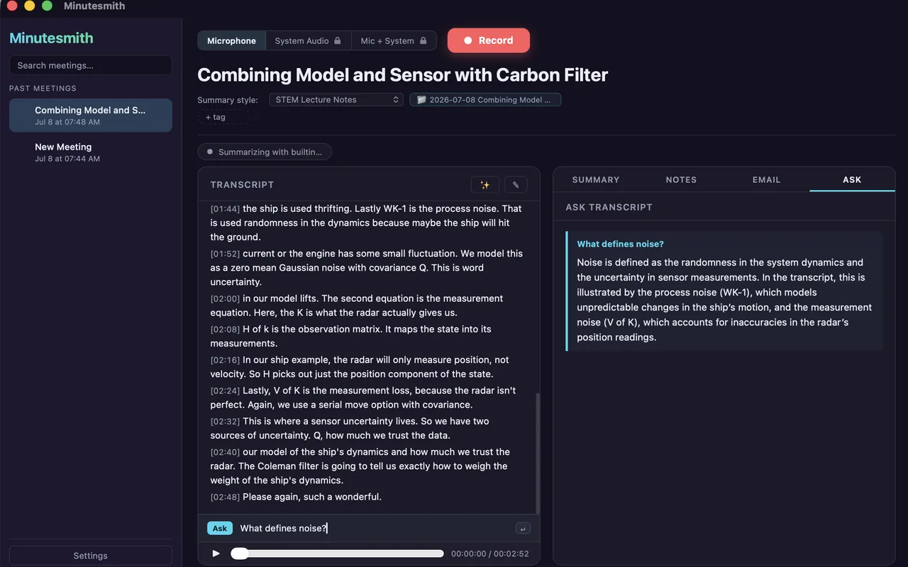Minutesmith in dark mode with Microphone, System Audio, and Mic + System capture options next to a red Record button.