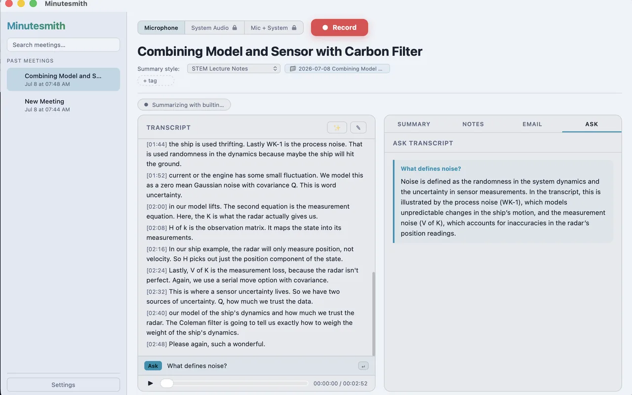 The Minutesmith app showing a meeting transcript alongside an answer to a question asked about the transcript.